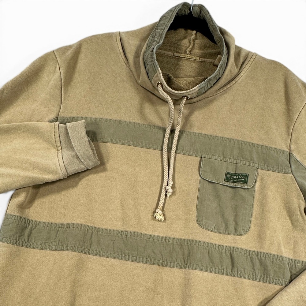 Scotch & Soda Pullover Mens L Tan Olive‎ Funnel Neck Side Zip Utility Distressed